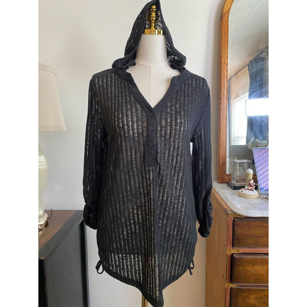 Billabong LoveChild Cover Up Light Hoodie S Black Sheer Striped Beach Goth Boho